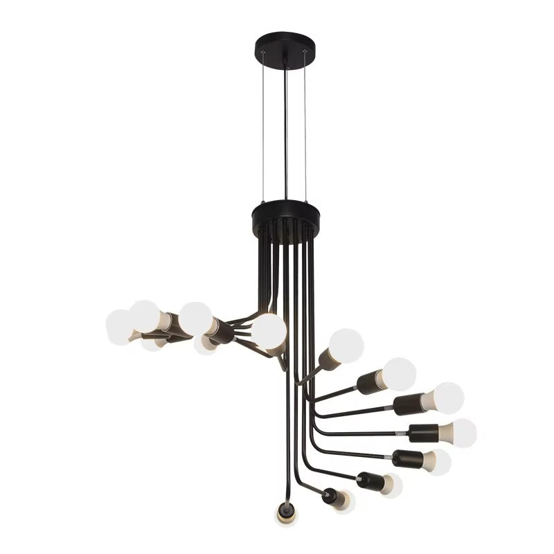 PM American Retro Spiral Staircase Chandelier Industrial Style Black Iron Dependent Pendant Lamp Villa Living Room Hallway Light