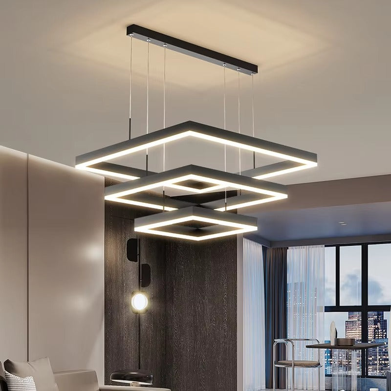 D23.6in Aluminum Double Rings Square LED Chandelier Modern Design Living Dining Bedroom Pendant Lamp Restaurant Simple Light