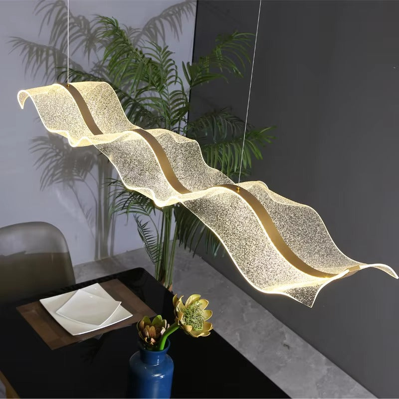 L39.4in Luxury Wave Design Acrylic LED Chandelier Art Simple Bar Counter Tea Room LongPendant Light Hotel Front Desk Ribbon Lamp
