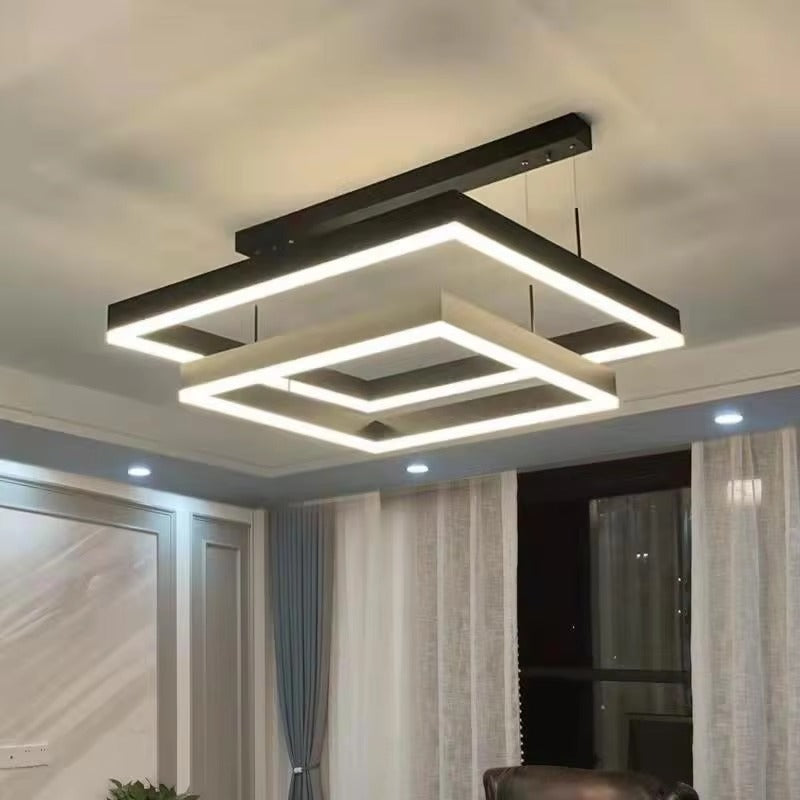D23.6in Aluminum Double Rings Square LED Chandelier Modern Design Living Dining Bedroom Pendant Lamp Restaurant Simple Light
