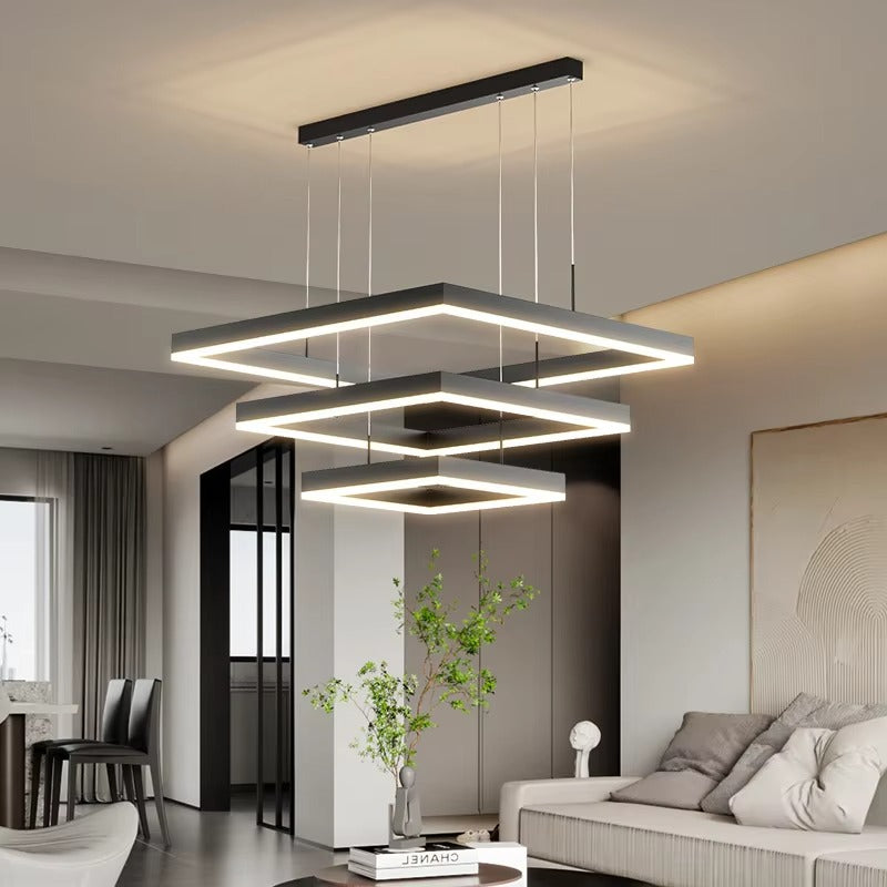 D23.6in Aluminum Double Rings Square LED Chandelier Modern Design Living Dining Bedroom Pendant Lamp Restaurant Simple Light