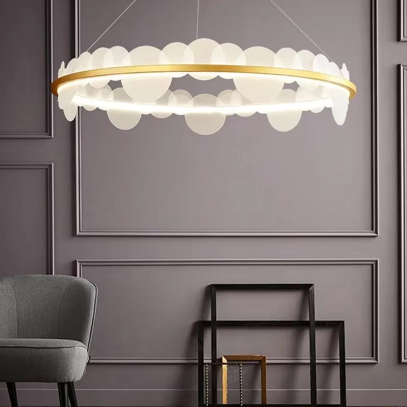 D23.6 Inch European Style Bedroom Dining Room Circular Chandelier Modern Simple Luxury White Glass Living Room LED Pendant Lamp