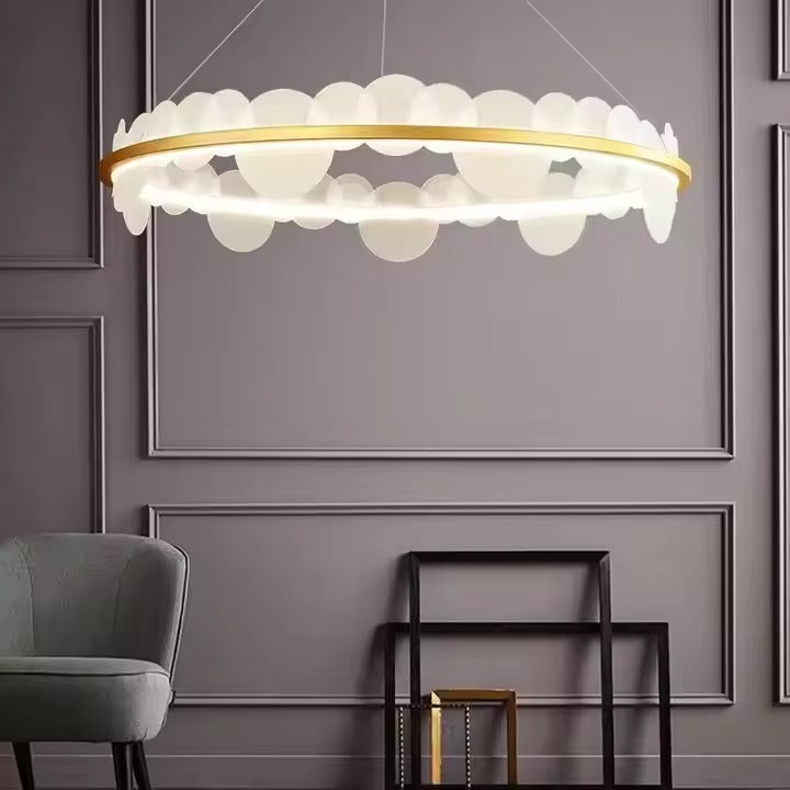 D23.6 Inch European Style Bedroom Dining Room Circular Chandelier Modern Simple Luxury White Glass Living Room LED Pendant Lamp