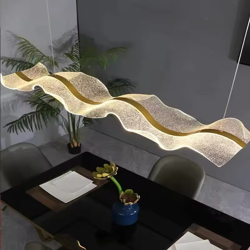 L39.4in Luxury Wave Design Acrylic LED Chandelier Art Simple Bar Counter Tea Room LongPendant Light Hotel Front Desk Ribbon Lamp
