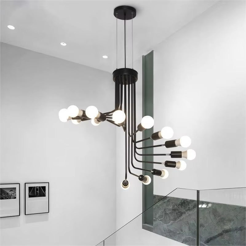 PM American Retro Spiral Staircase Chandelier Industrial Style Black Iron Dependent Pendant Lamp Villa Living Room Hallway Light